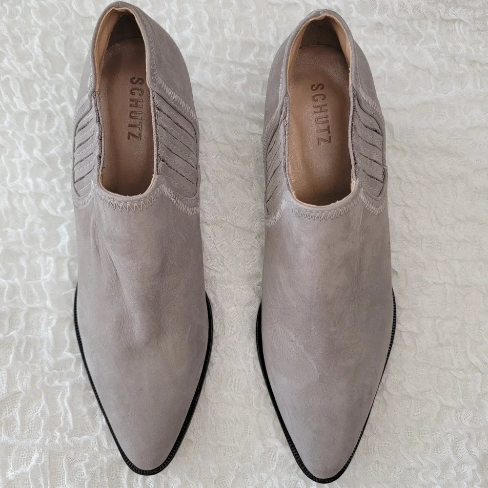 Schutz Jacqueline Suede Ankle Slip-On Bootie in Mouse Taupe Size 10